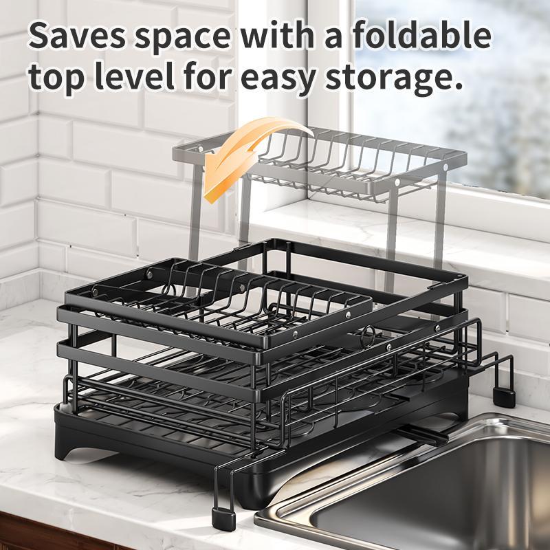 Foldable Over Sink Dish Drying Rack｜Pull-Out 2-Tier Dish Drainer with Utensil Holder｜Space Saving Kitchen Organizer for Small Kitchens