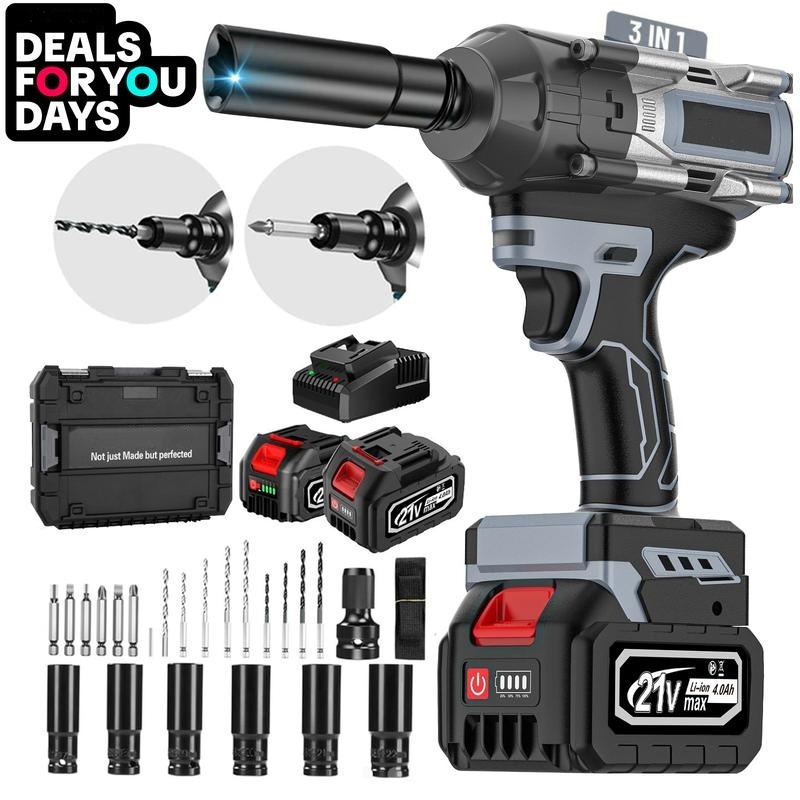 1000N.m Cordless Impact Wrench, All-Metal Cordless Impact Gun with 2 * 4.0Mah, 3-IN-1 Electric Impact Wrench with 5 Sleeves, High Torque 1/2 Impact Wrench,