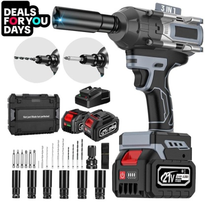 1000N.m Cordless Impact Wrench, All-Metal Cordless Impact Gun with 2 * 4.0Mah, 3-IN-1 Electric Impact Wrench with 5 Sleeves, High Torque 1/2 Impact Wrench,
