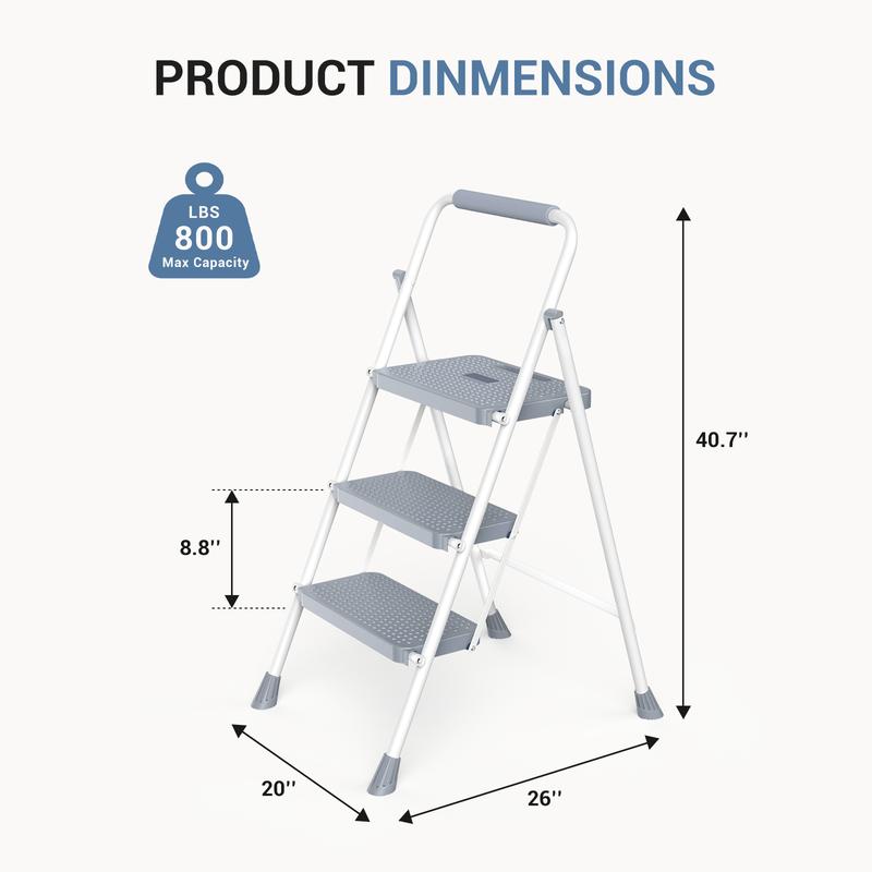 Step Ladder, Foldable Stool with Wide Pedal, Cushioned Handle, 800lbs Capacity for Home Kitchen and Outdoor, Black