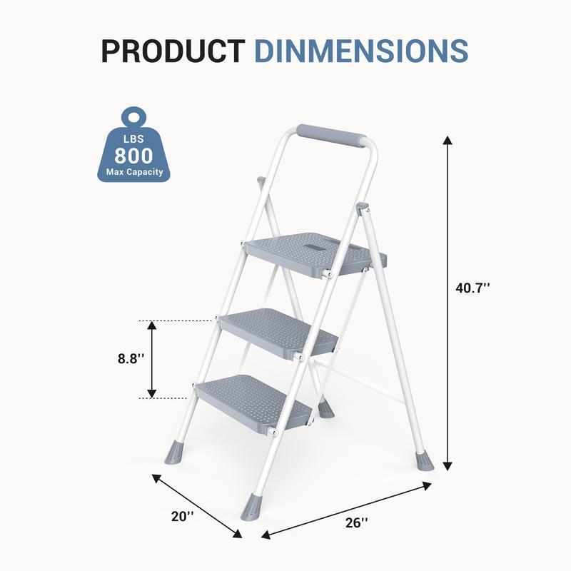 Step Ladder, Foldable Stool with Wide Pedal, Cushioned Handle, 800lbs Capacity for Home Kitchen and Outdoor, Black