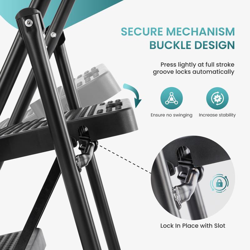 Step Ladder, Foldable Stool with Wide Pedal, Cushioned Handle, 800lbs Capacity for Home Kitchen and Outdoor, Black