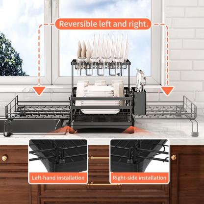 Foldable Over Sink Dish Drying Rack｜Pull-Out 2-Tier Dish Drainer with Utensil Holder｜Space Saving Kitchen Organizer for Small Kitchens