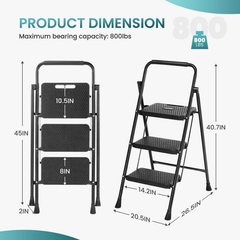 Step Ladder, Foldable Stool with Wide Pedal, Cushioned Handle, 800lbs Capacity for Home Kitchen and Outdoor, Black
