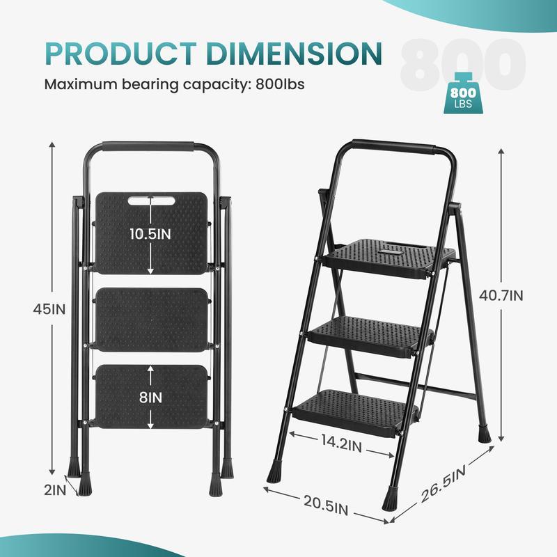 Step Ladder, Foldable Stool with Wide Pedal, Cushioned Handle, 800lbs Capacity for Home Kitchen and Outdoor, Black