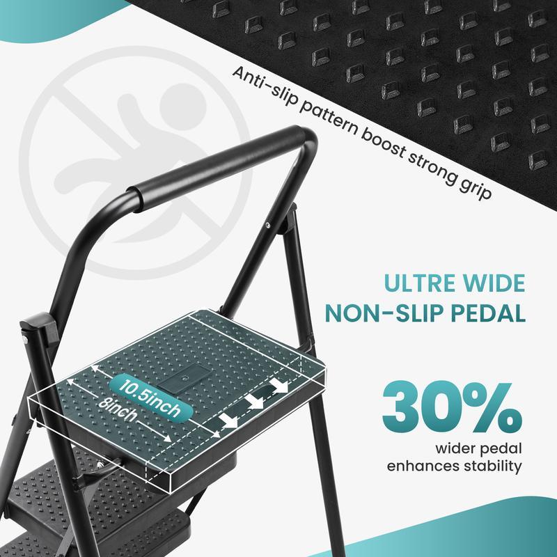Step Ladder, Foldable Stool with Wide Pedal, Cushioned Handle, 800lbs Capacity for Home Kitchen and Outdoor, Black