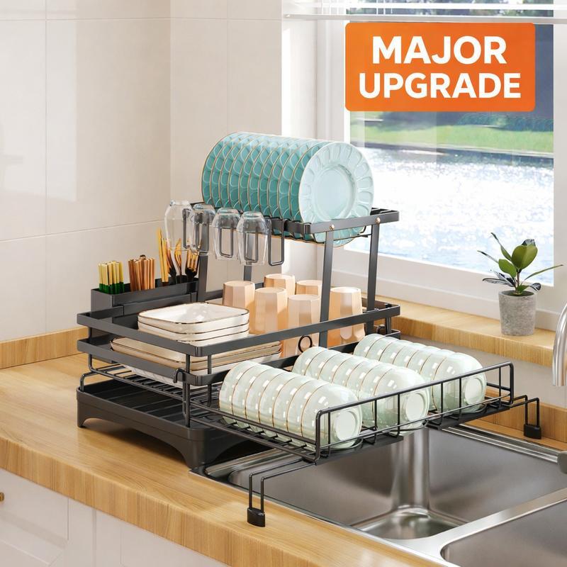 Foldable Over Sink Dish Drying Rack｜Pull-Out 2-Tier Dish Drainer with Utensil Holder｜Space Saving Kitchen Organizer for Small Kitchens