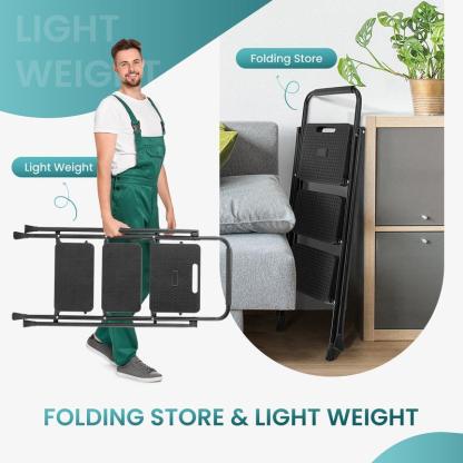 Step Ladder, Foldable Stool with Wide Pedal, Cushioned Handle, 800lbs Capacity for Home Kitchen and Outdoor, Black