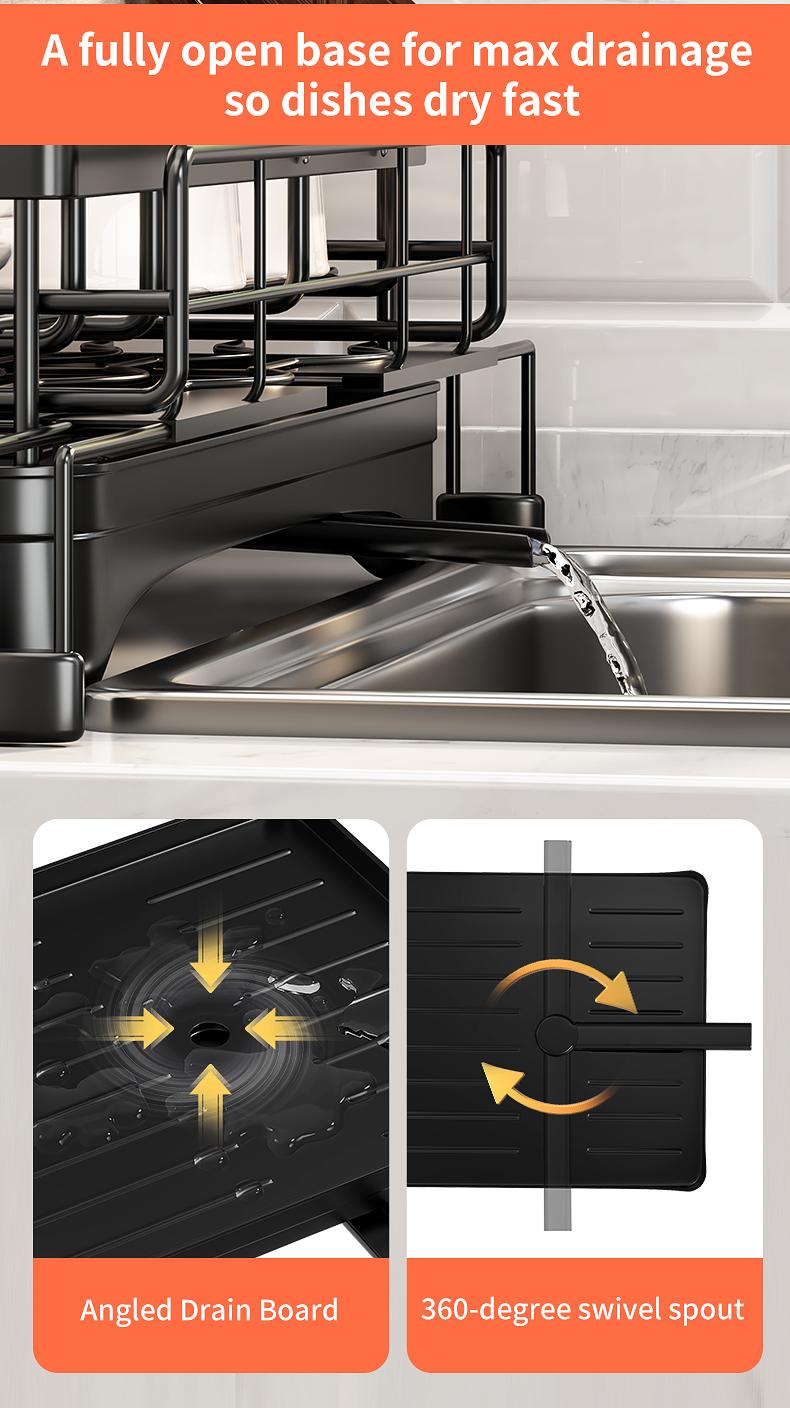 Foldable Over Sink Dish Drying Rack｜Pull-Out 2-Tier Dish Drainer with Utensil Holder｜Space Saving Kitchen Organizer for Small Kitchens