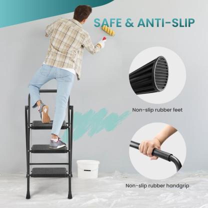 Step Ladder, Foldable Stool with Wide Pedal, Cushioned Handle, 800lbs Capacity for Home Kitchen and Outdoor, Black