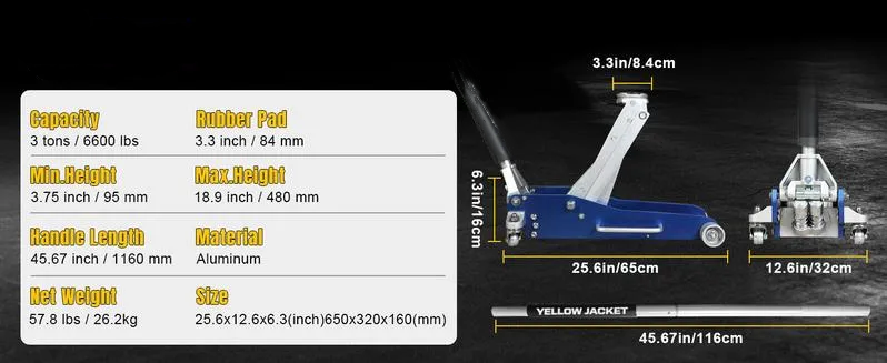 3 Ton Floor Jack Full Aluminum Ultra Lightweight Quick Rise Racing Floor Car Jack with Dual Pump Fast Lifting Low Profile Jack for Vehicle,6600 lbs Capacity