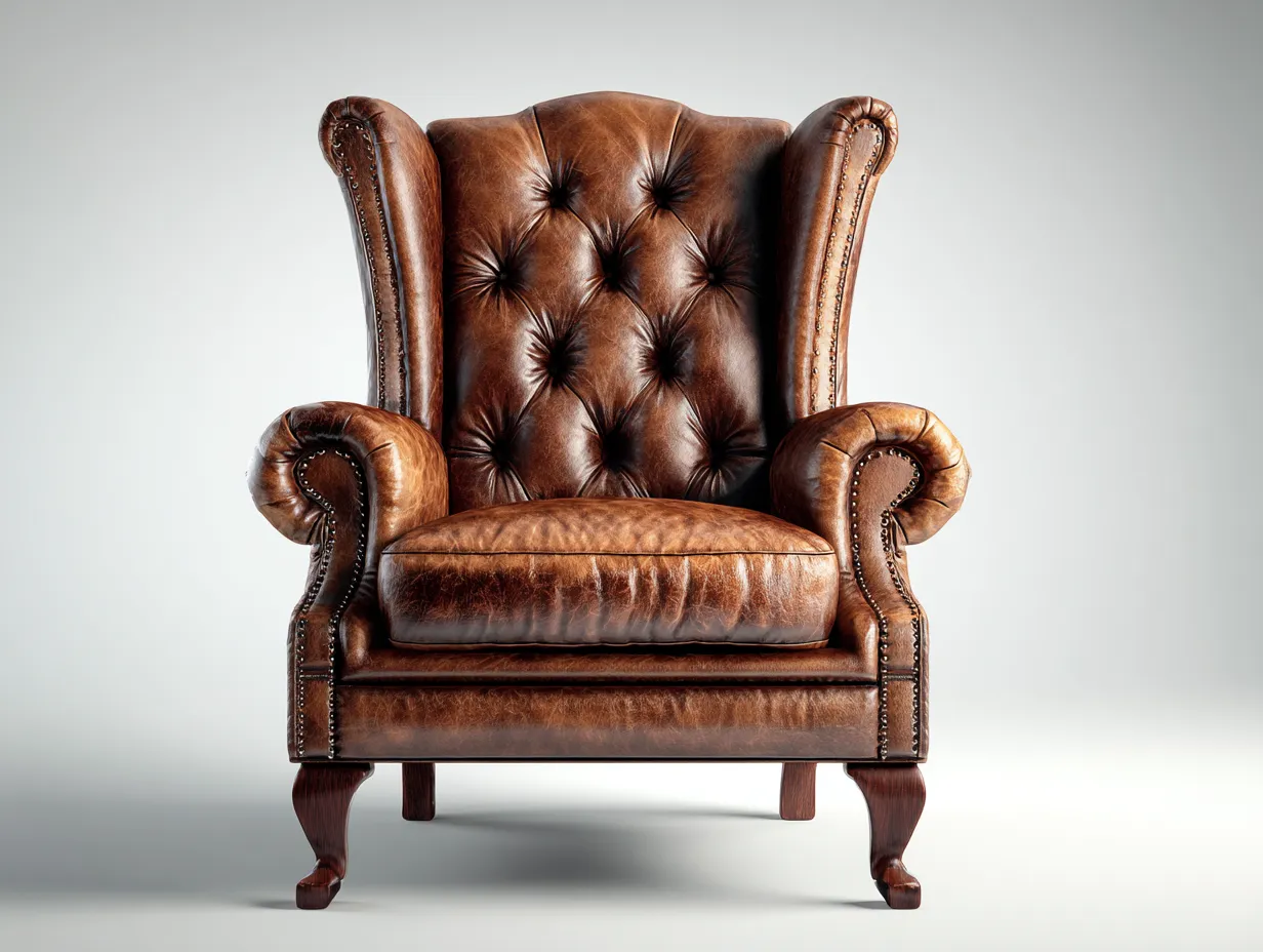 Fauteuil à oreilles - cuir synthétique-bois - 83x89x111 cm - Marron - Style classique-Airyuse