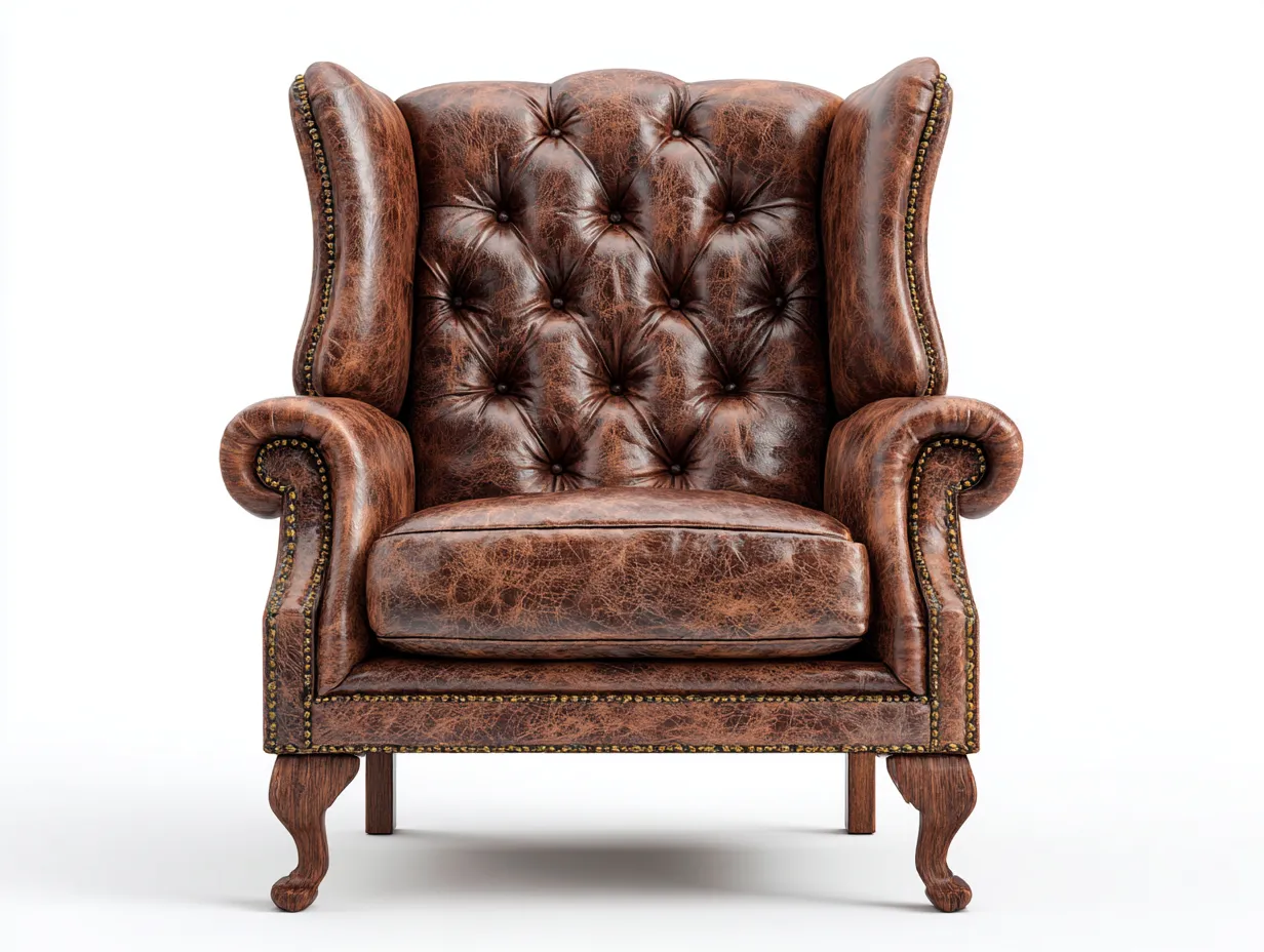 Fauteuil à oreilles - cuir synthétique-bois - 85x92x113 cm - Marron vintage - Style classique-Airyuse