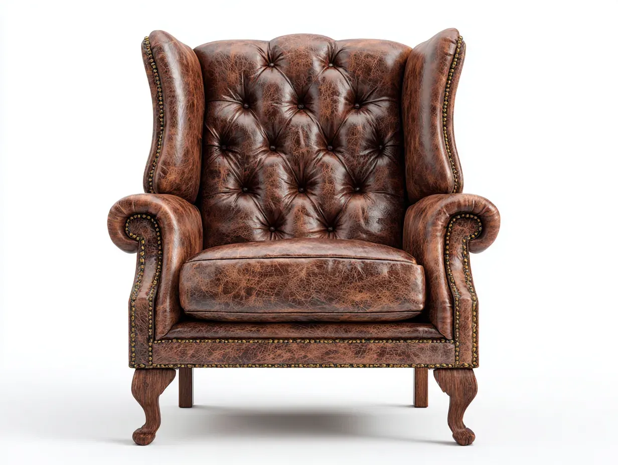 Fauteuil à oreilles - cuir synthétique-bois - 85x92x113 cm - Marron vintage - Style classique-Airyuse