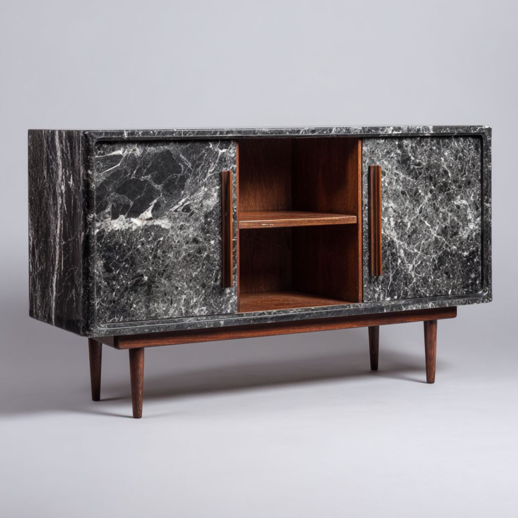 Meuble TV en bois massif avec portes en marbre noir et étagères centrales-Rf Home Designer