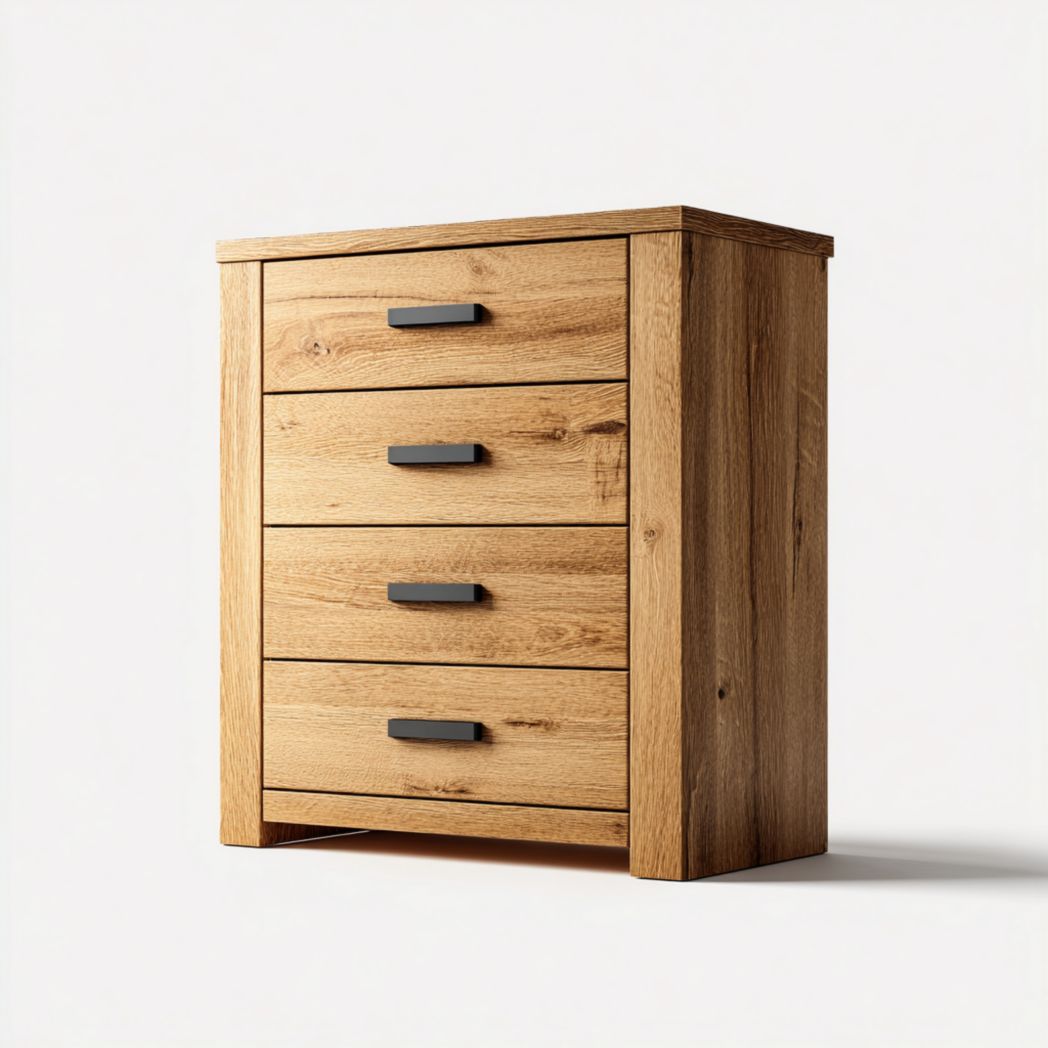 Commode en chêne naturel à 4 tiroirs avec poignées noires-Rf Home Designer