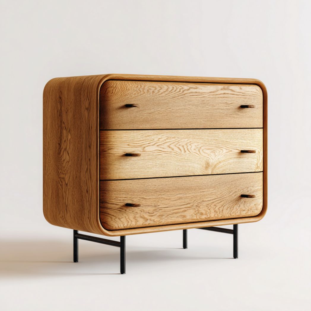 Commode 3 tiroirs en chêne arrondi sur pieds en métal noir-Rf Home Designer
