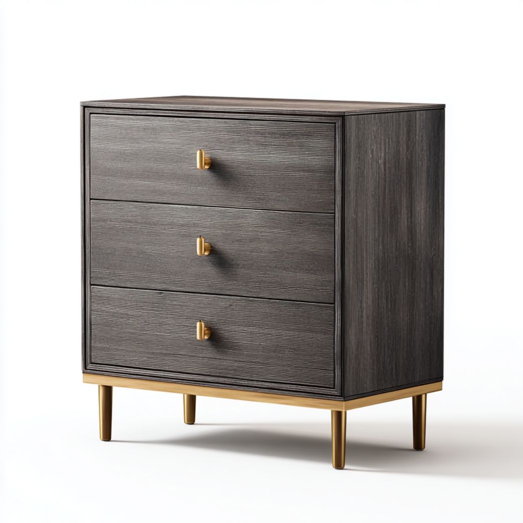 Commode en bois foncé avec trois tiroirs et pieds dorés-Rf Home Designer