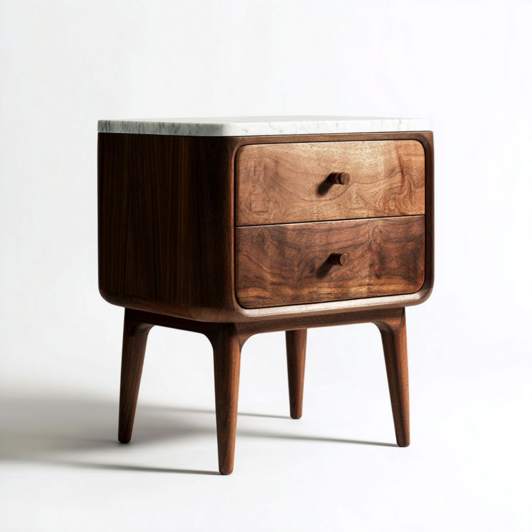 Table de chevet en noyer avec 2 tiroirs et plateau en marbre-Rf Home Designer