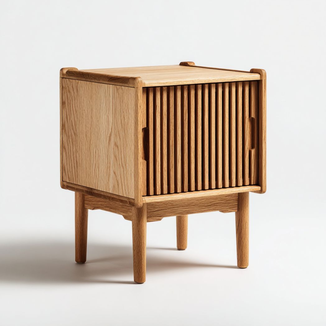 Table de chevet en bois avec porte battante et design à lamelles-Rf Home Designer