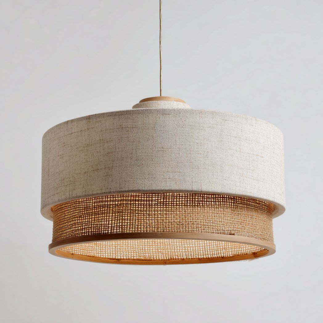 Suspension en tissu beige et rotin tressé-Rf Home Designer