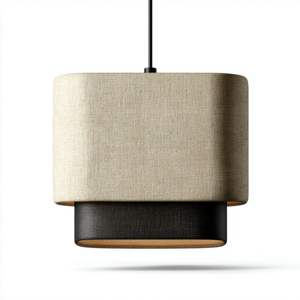 Suspension cylindrique en tissu beige et noir-Rf Home Designer