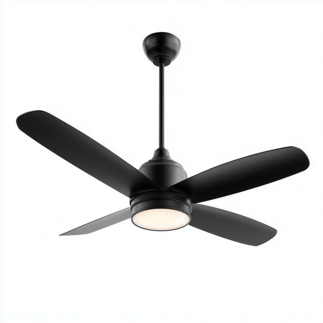 Ventilateur de plafond noir en acier avec quatre pales et éclairage LED intégré-Rf Home Designer