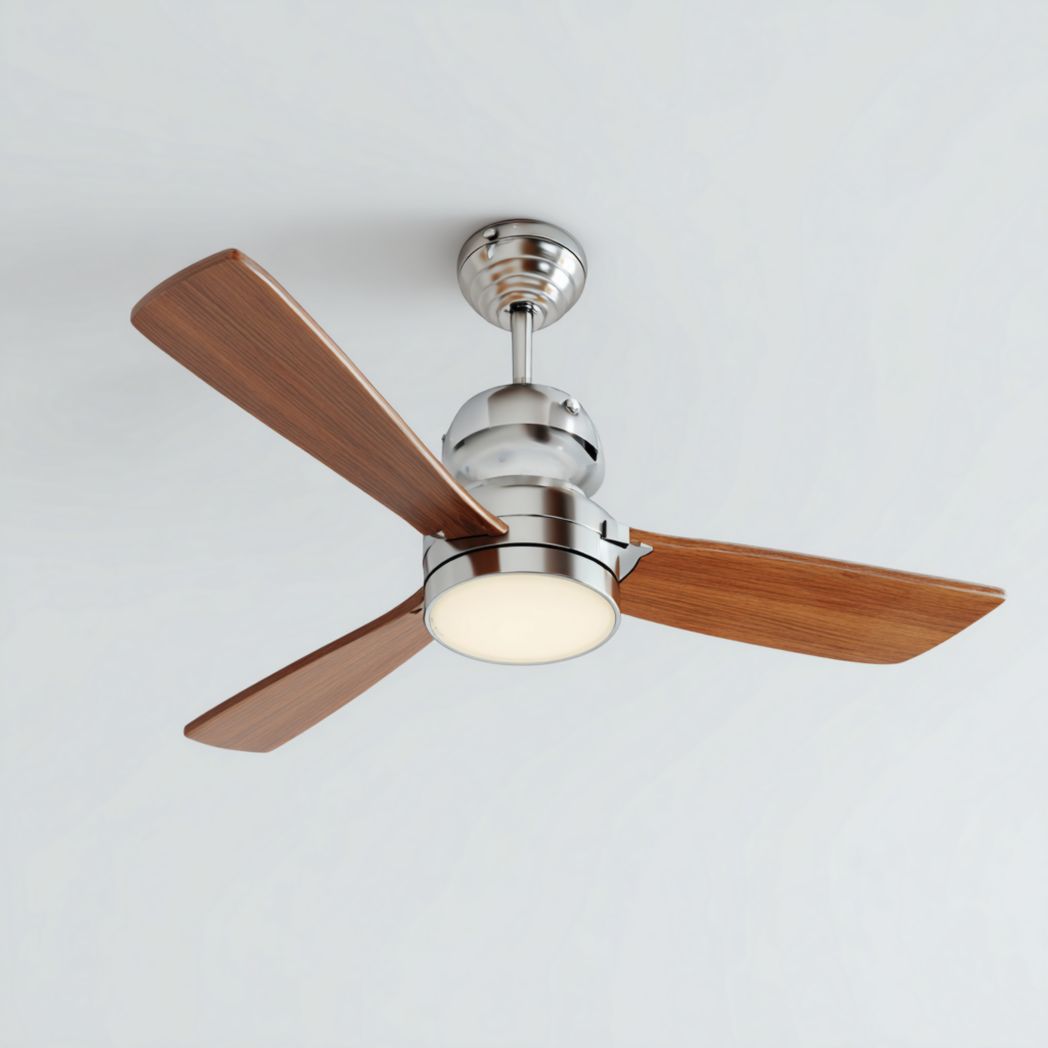 Ventilateur de plafond en acier chromé avec trois pales en bois de noyer et éclairage LED intégré-Rf Home Designer