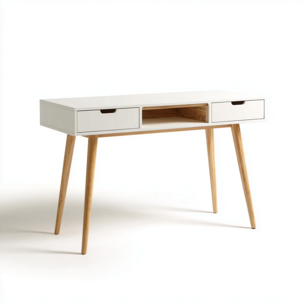 Bureau blanc avec deux tiroirs et pieds en bois naturel-Rf Home Designer