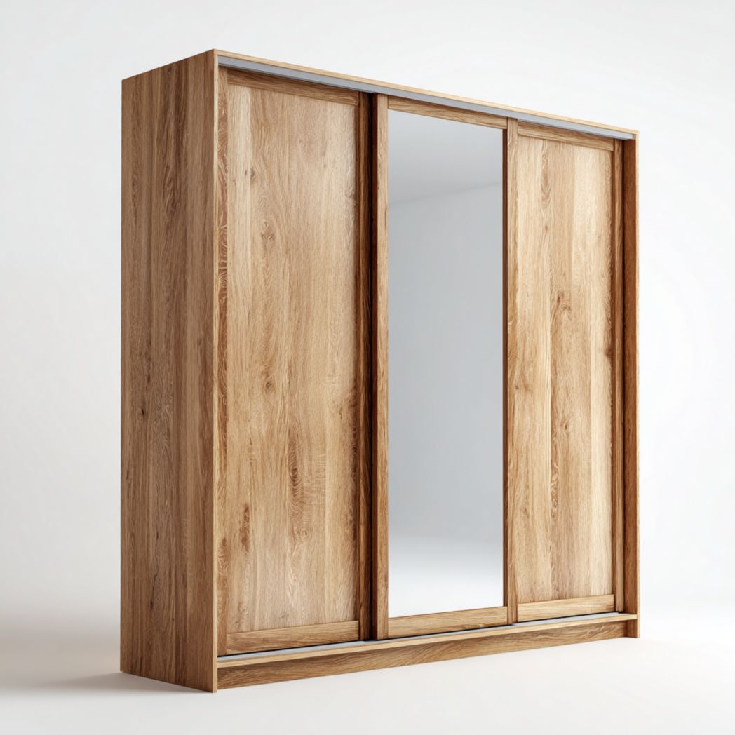 Armoire trois portes coulissantes en bois de chêne avec miroir central-Rf Home Designer