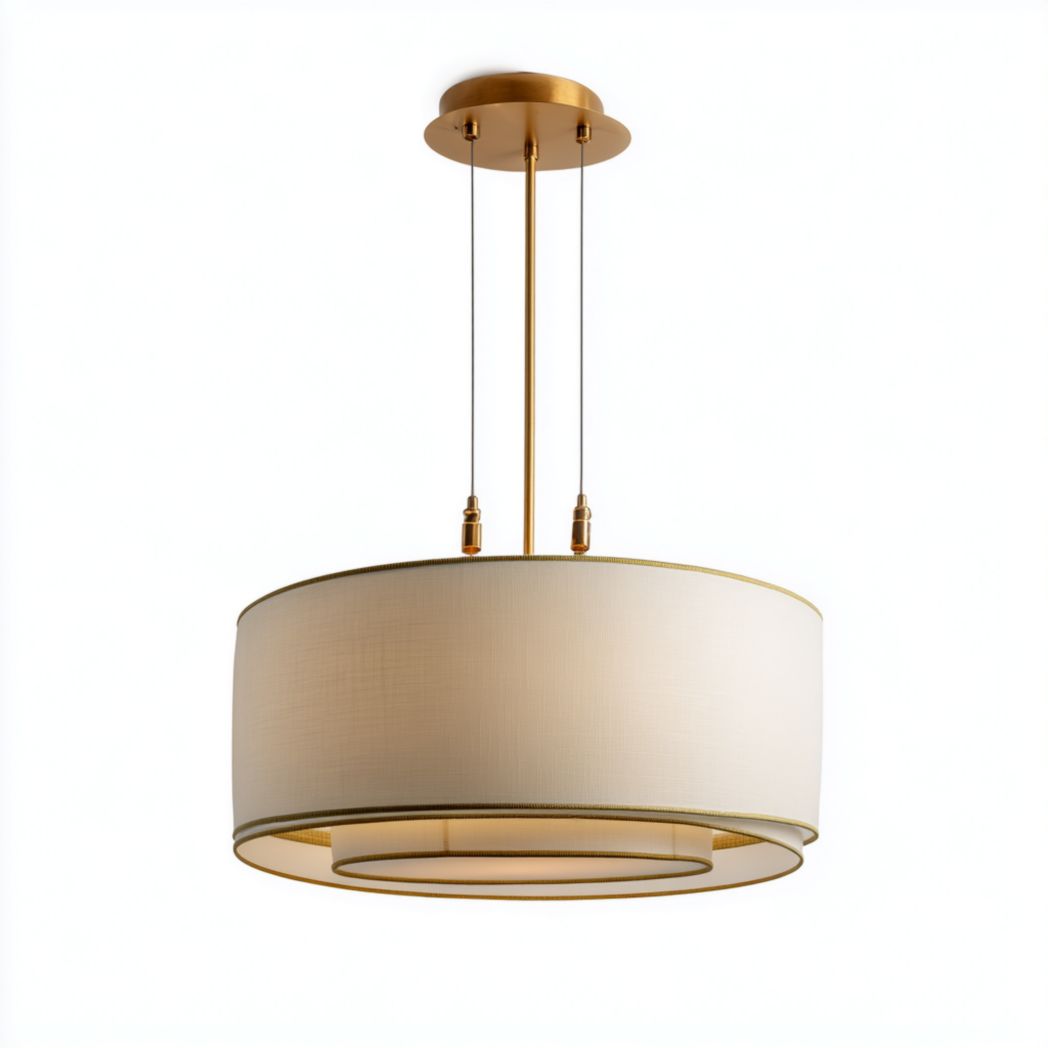 Suspension ronde avec abat-jour en tissu blanc et monture dorée-Rf Home Designer