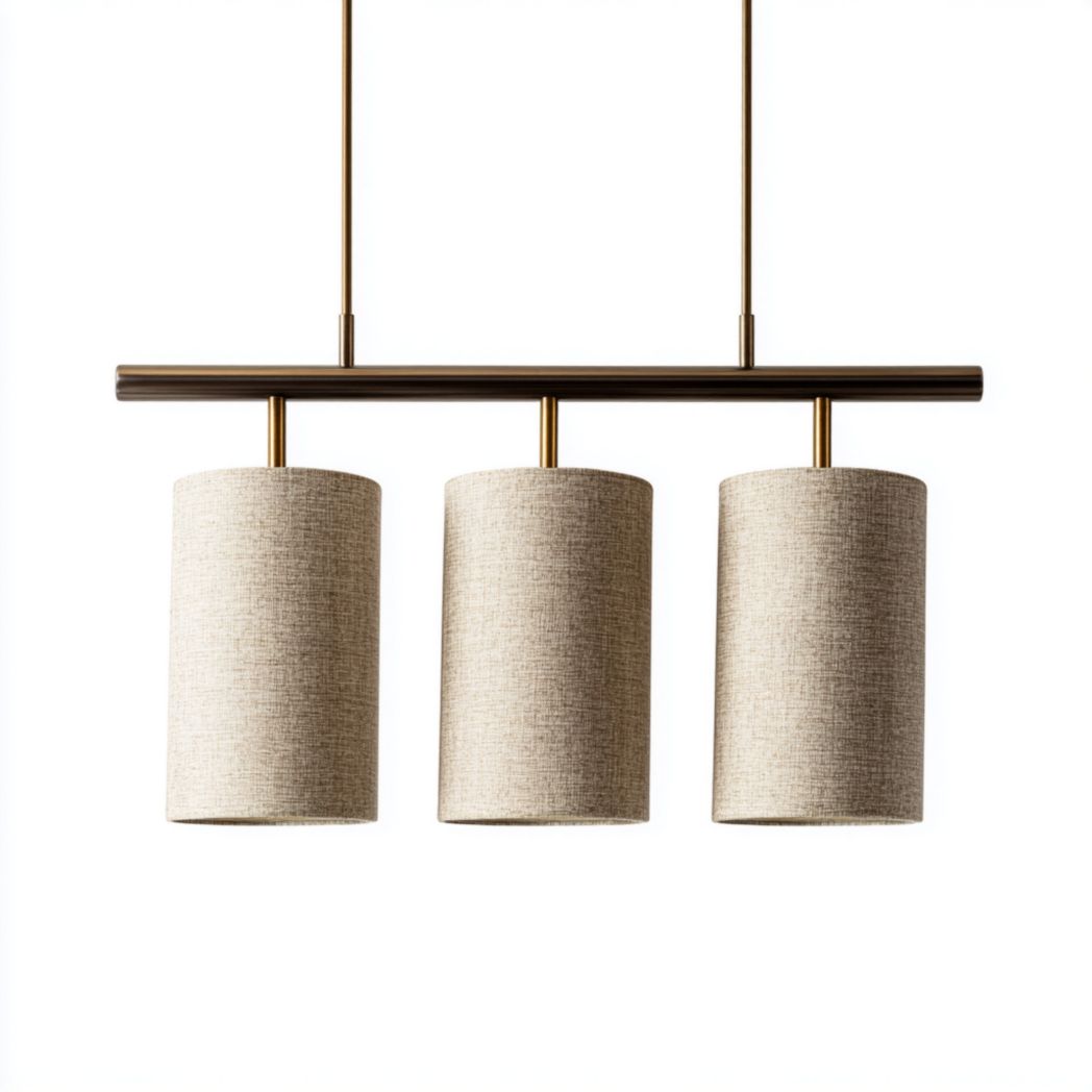 Suspension à trois abat-jour cylindriques en tissu beige et monture métallique-Rf Home Designer