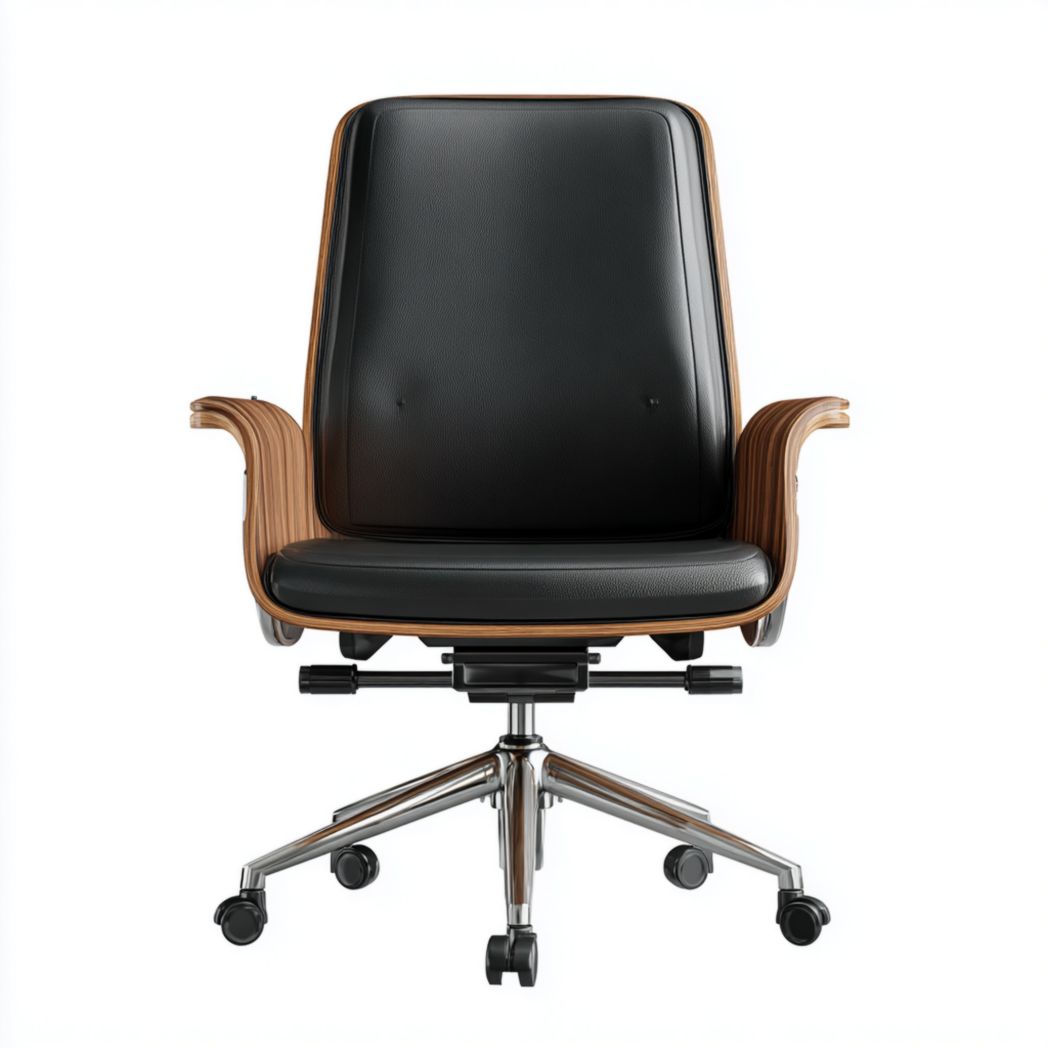 Chaise de bureau pivotante en noyer et cuir synthétique noir-Rf Home Designer