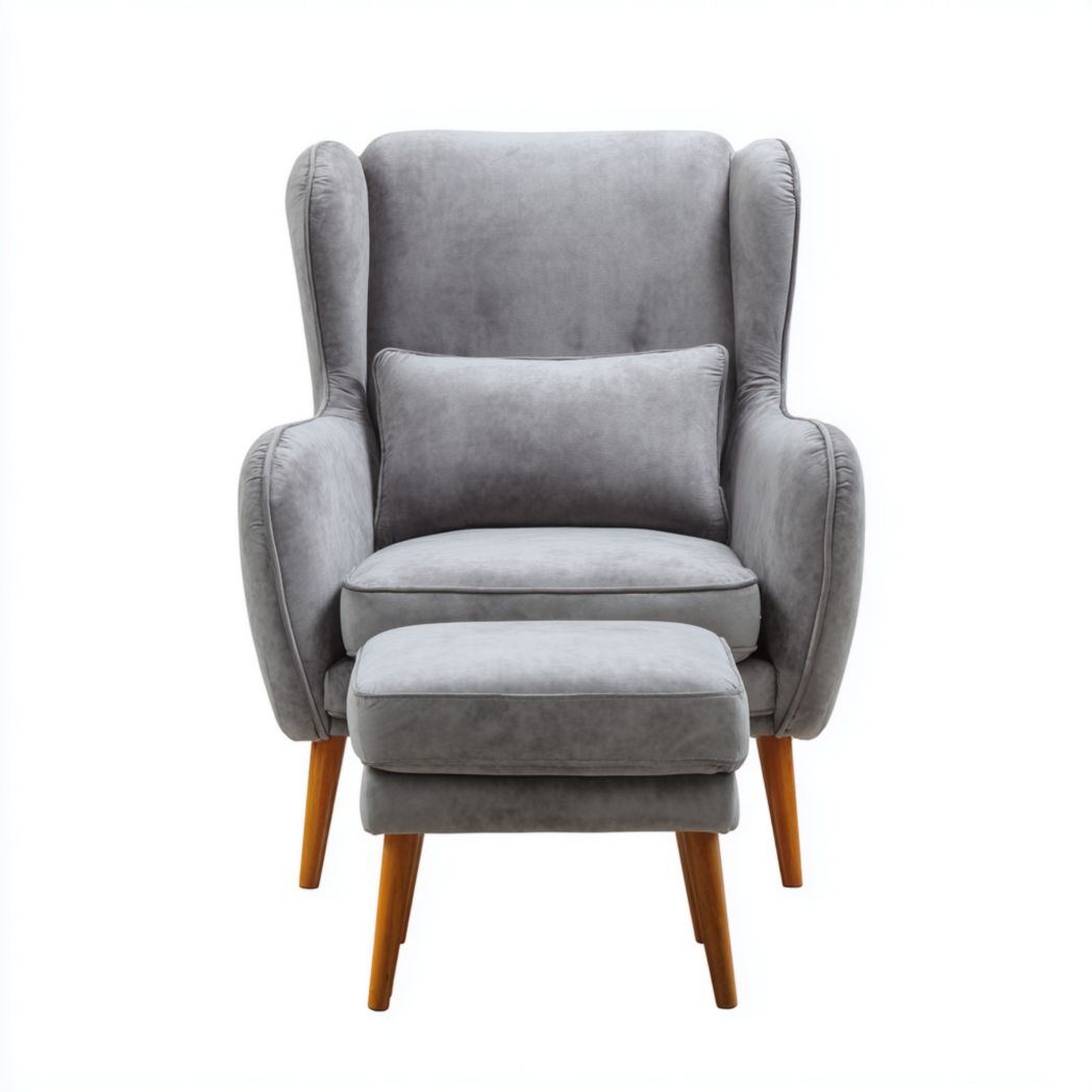 Fauteuil haut dossier en velours gris clair avec repose-pieds et coussin lombaire-Rf Home Designer