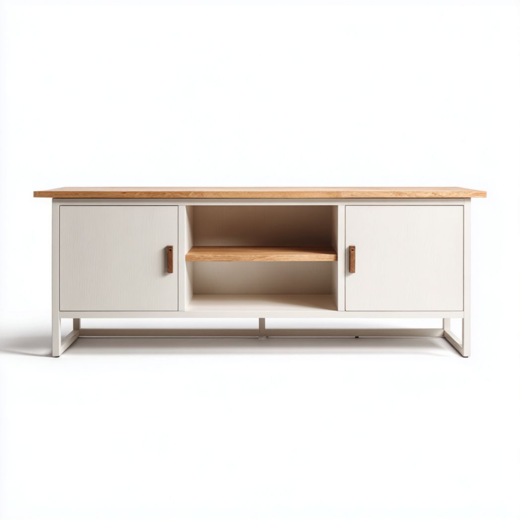 Meuble TV en chêne massif et MDF blanc avec rangements fermés et étagère centrale-Rf Home Designer