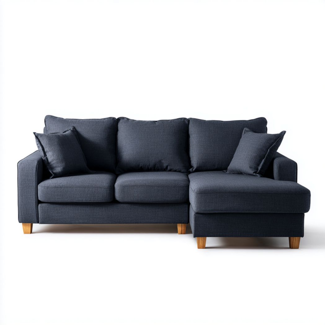 Canapé d'angle 3 places en tissu bleu avec coussins-Rf Home Designer