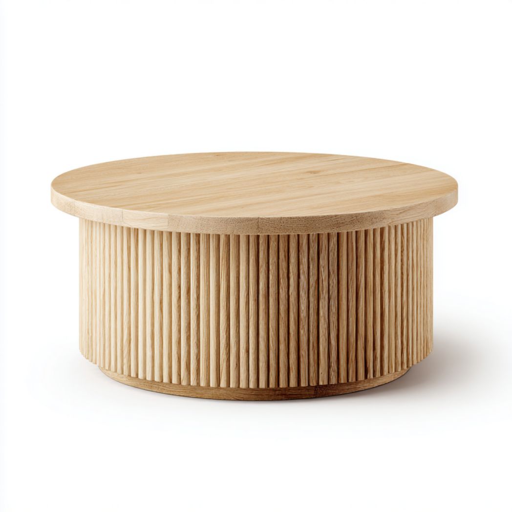 Table basse ronde en chêne massif avec piètement cylindrique rainuré-Rf Home Designer
