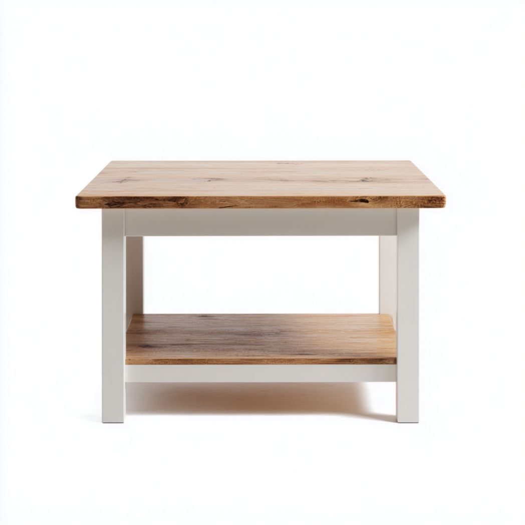 Table basse carrée en chêne massif et structure bois blanc avec étagère basse-Rf Home Designer