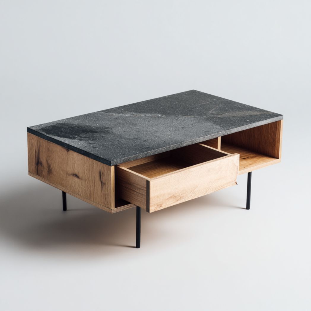 Table basse rectangulaire avec plateau en pierre et tiroirs en chêne-Rf Home Designer