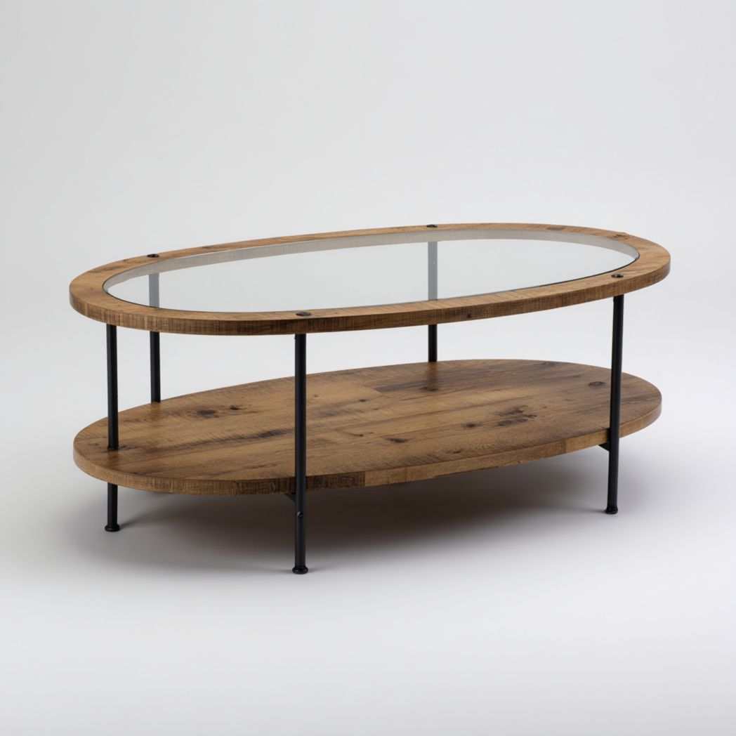 Table basse ovale en verre trempé et bois de chêne avec étagère inférieure-Rf Home Designer