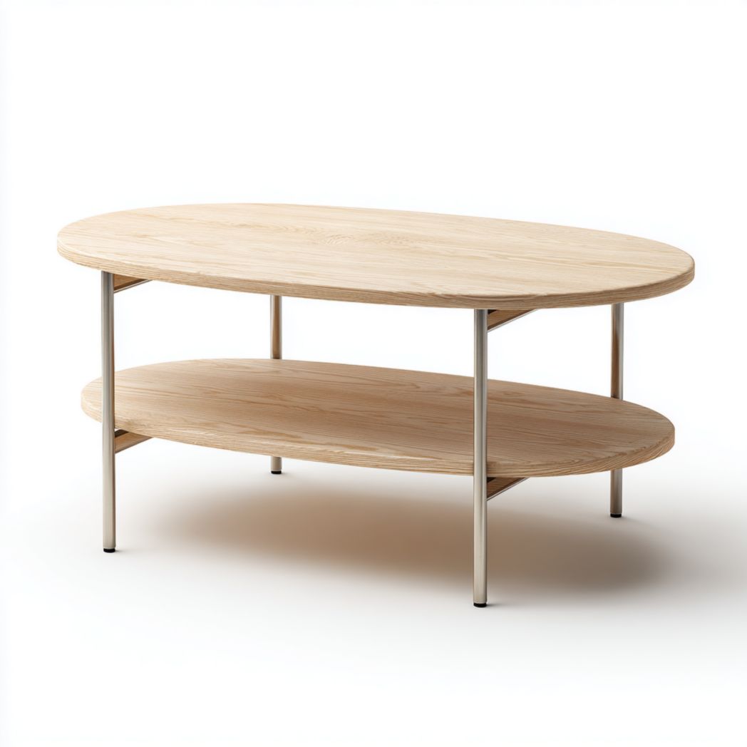 Table basse ovale en frêne massif avec étagère inférieure et structure métallique