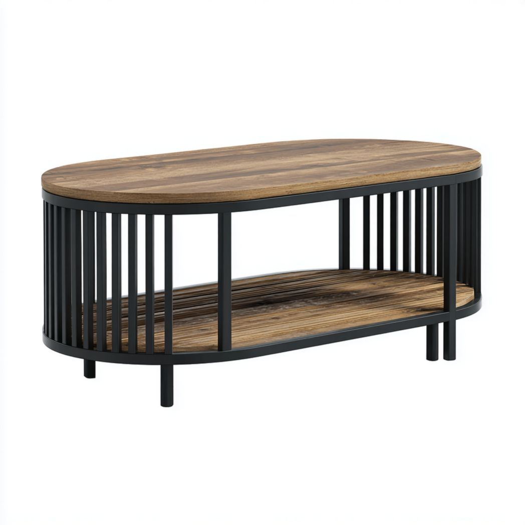 Table basse ovale en chêne massif avec structure métallique noire et étagère