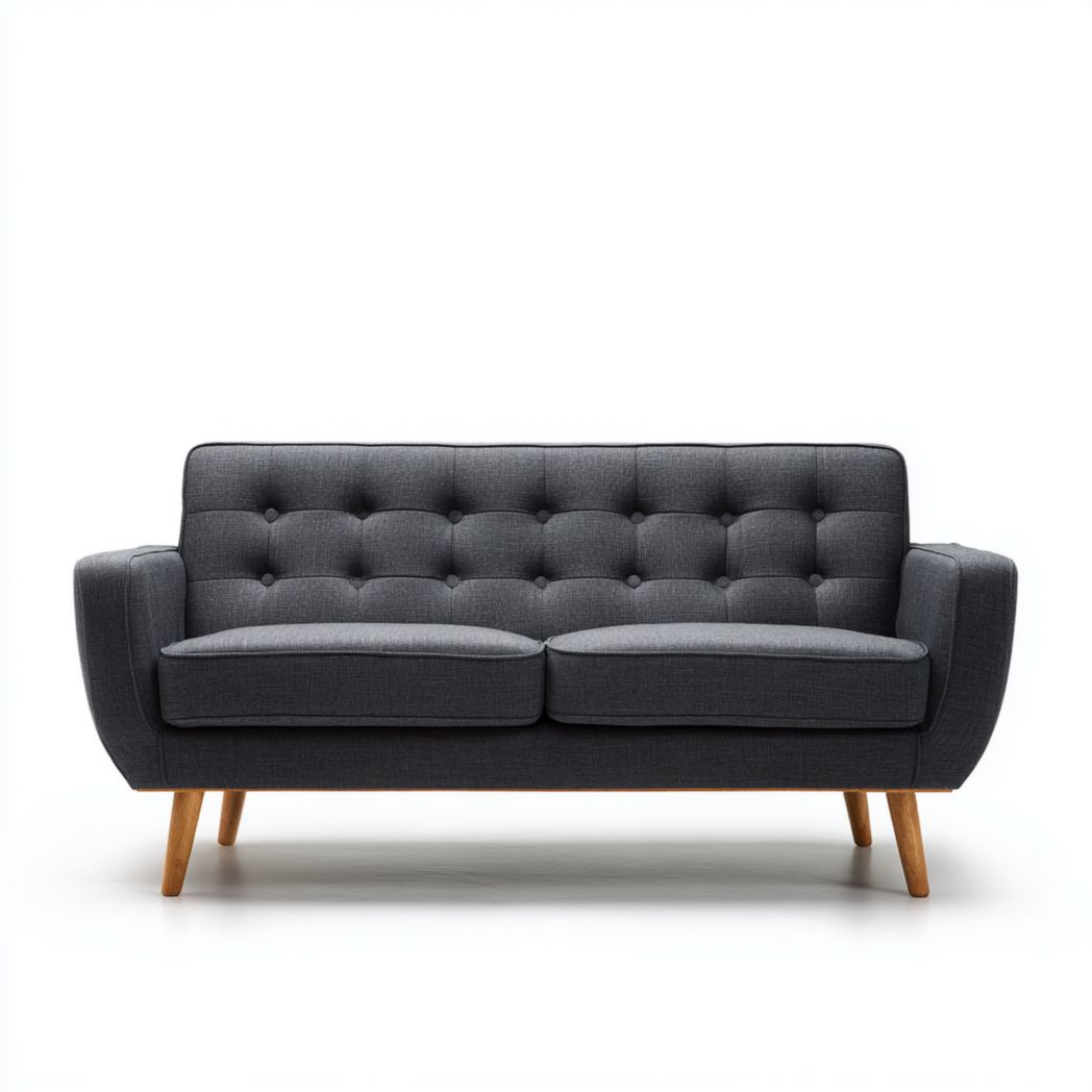 Canapé 2 places en tissu gris foncé avec dossier capitonné et pieds en bois