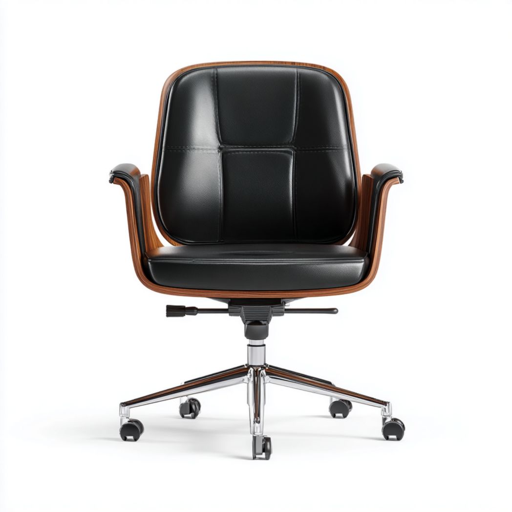 Fauteuil de bureau en simili cuir noir avec coque en bois et base chromée