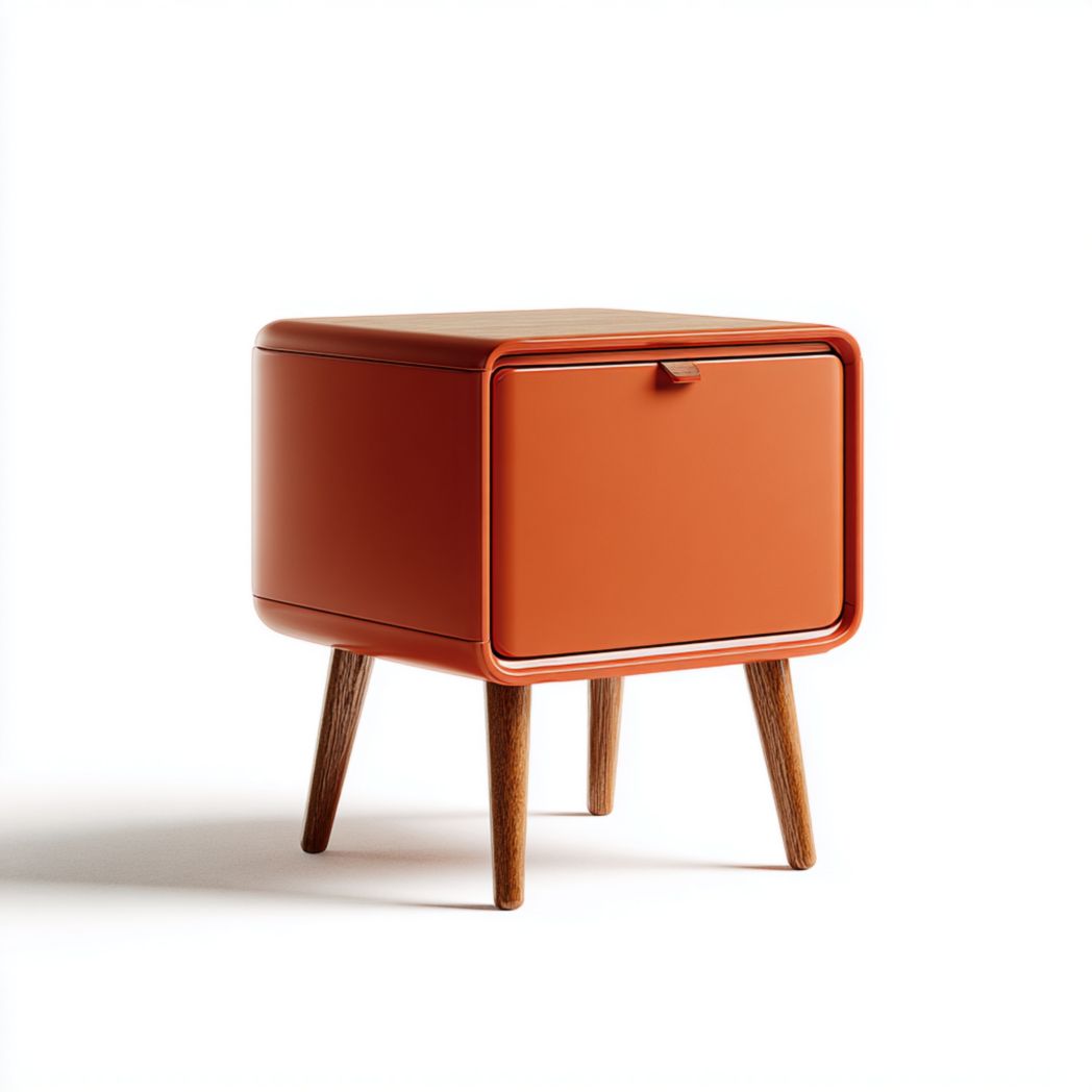 Table de chevet en MDF laqué orange avec porte et pieds en bois
