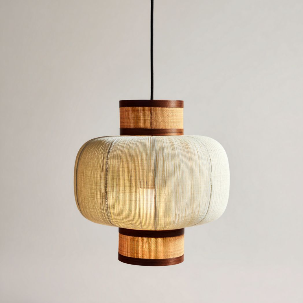 Suspension en tissu et bois avec abat-jour cylindrique