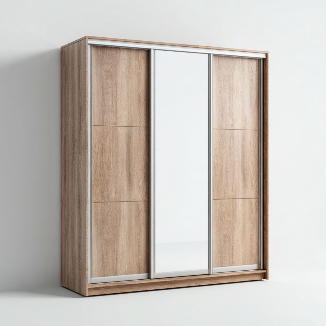 Armoire trois portes coulissantes en bois de chêne avec miroir central