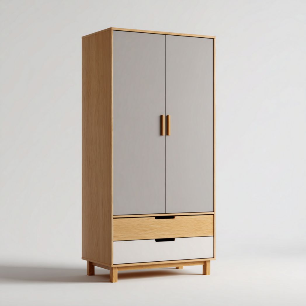 Armoire deux portes gris clair en bois de chêne avec deux tiroirs