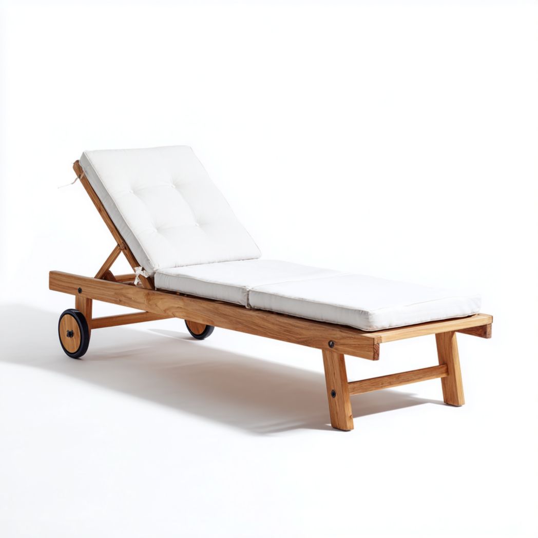 Chaise longue de jardin en teck massif avec coussin blanc
