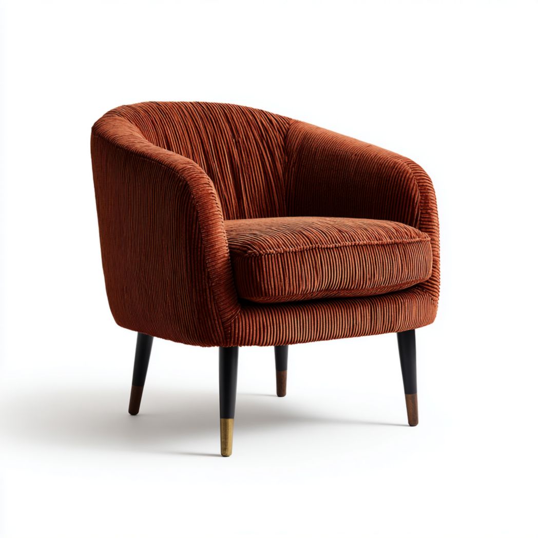 Fauteuil en velours côtelé rouge brun avec pieds en bois et détails métalliques